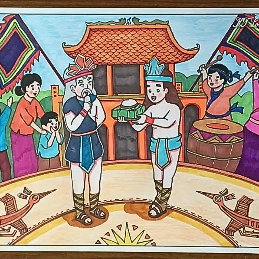 Bức tranh vẽ cảnh dâng hương tại Đền Hùng