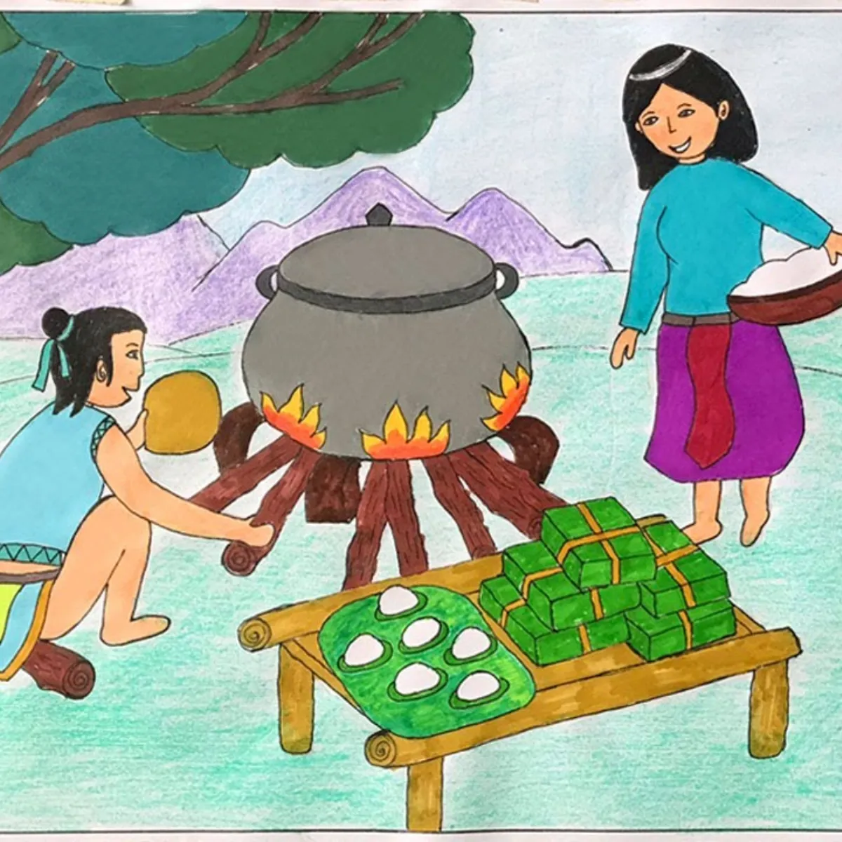 Tranh về sự tích bánh Chưng, bánh Dày