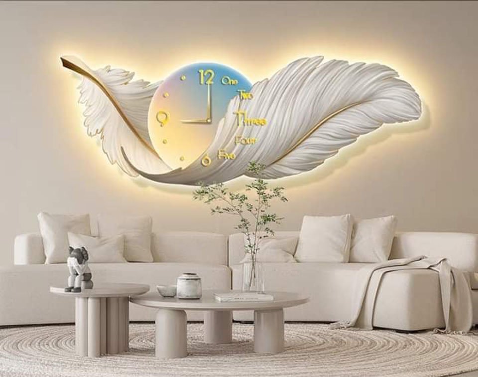 Tranh hình đồng hồ kết hợp lông vũ