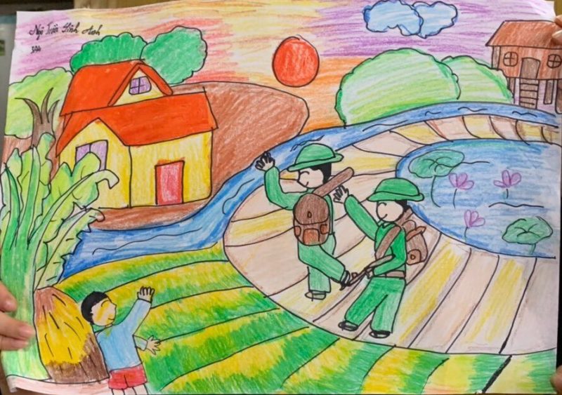 Tranh vẽ bé chào bộ đội